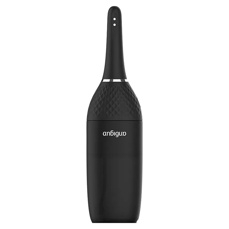 Douche anale automatique noire, rechargeable, silicone médical, anti-reflux, cinq vitesses, étanche, compacte.