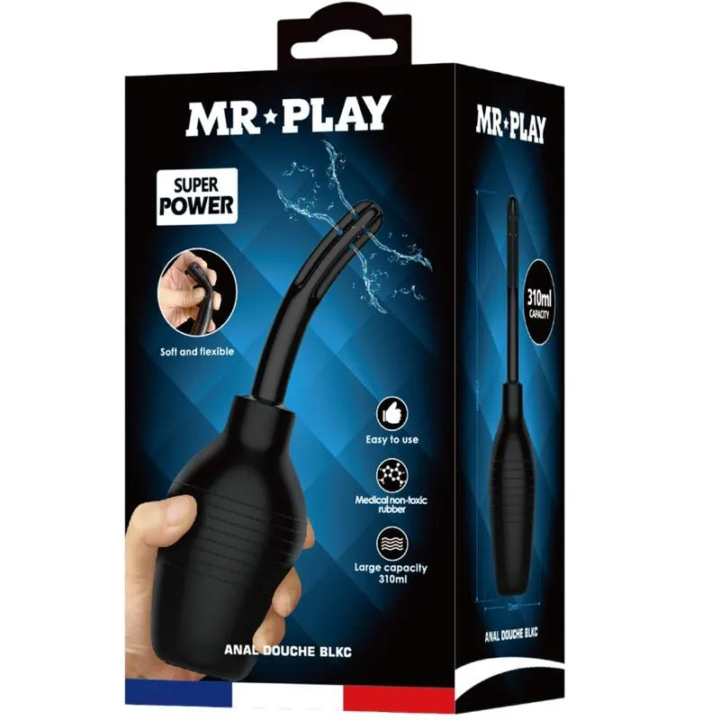 Douche anale noire en silicone rechargeable, design ergonomique, compacte, imperméable, pour hygiène intime efficace.