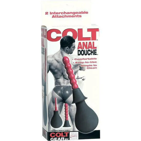 Détail douche anale Colt, embouts interchangeables rouge et noir, emballage avec visuel produit et texte descriptif.