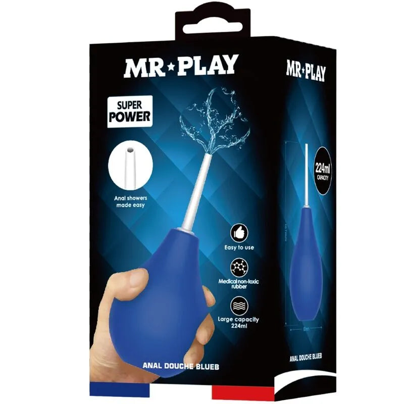 Douche anale rechargeable bleue, buse 7,5 cm, caoutchouc, 224 ml, étanche, ergonomique, USB, hygiène intime.