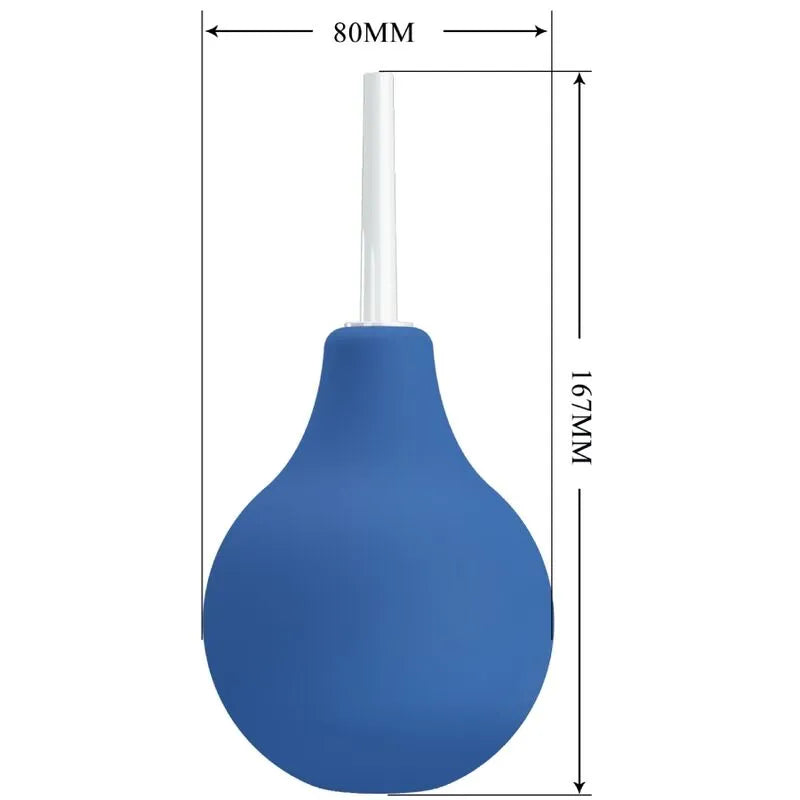 Douche anale rechargeable bleue en caoutchouc avec buse 75mm, capacité 224ml, étanche, compacte et ergonomique.