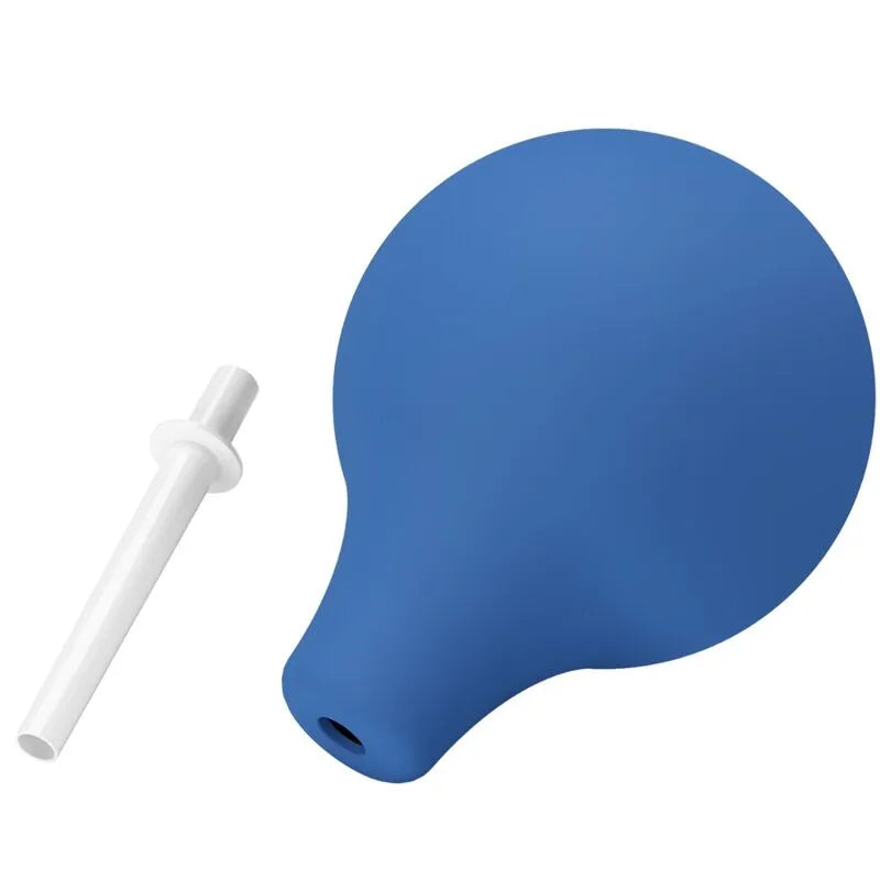 Douche anale bleue en caoutchouc avec buse blanche 75mm, capacité 224ml, design ergonomique et rechargeable USB.