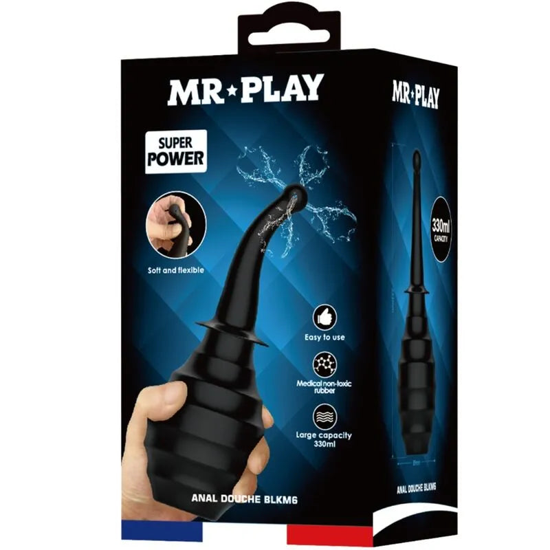 Douche anale bleue ergonomique, compacte, poire compressible, buse incurvée, jets rafraîchissants, rechargeable USB.