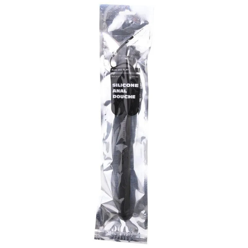 Douche anale silicone noire, flexible 30 cm, emballage sous-vide, adaptateur robinet universel, hygiène intime.