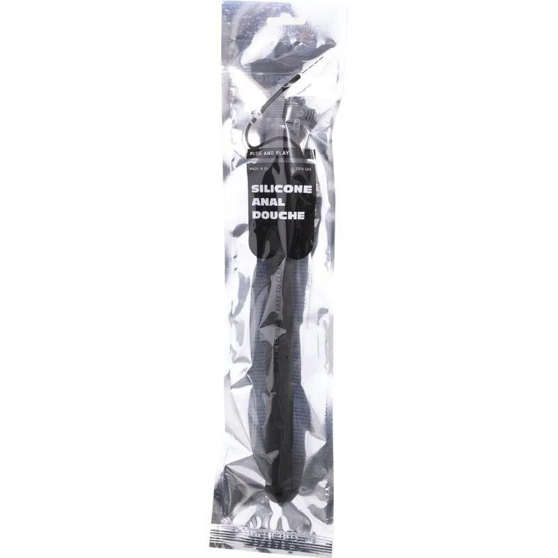 Douche anale silicone noire, flexible 30 cm, emballée, hypoallergénique, antibactérienne, pour hygiène intime.