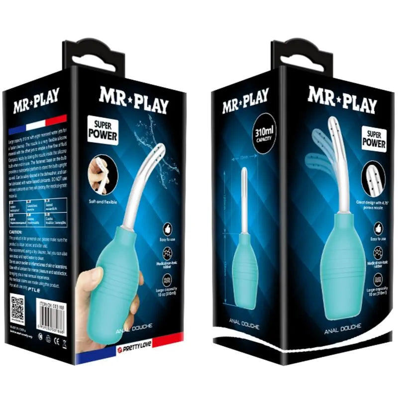 Douche anale silicone bleue imperméable, ergonomique, avec poire souple et embout long, pour hygiène intime sécurisée.