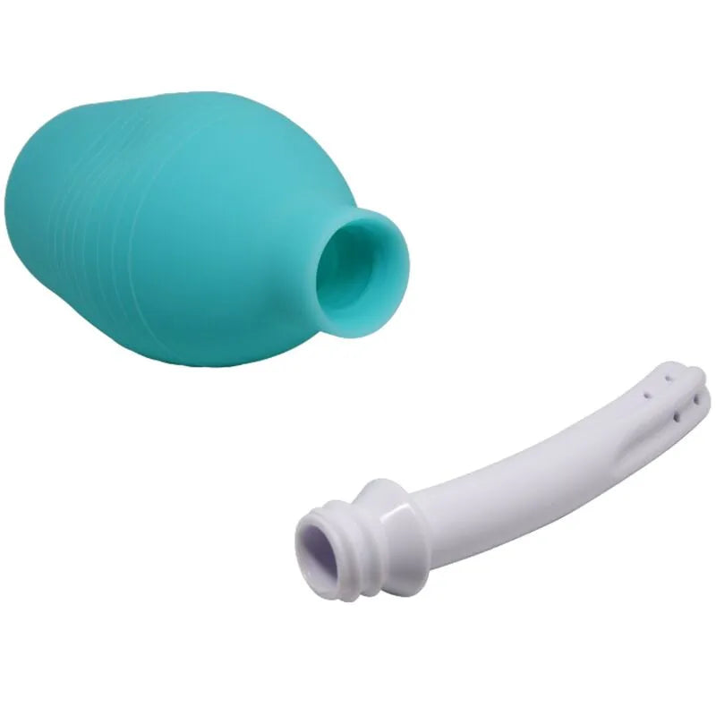 Douche anale en silicone bleue, poire ergonomique et embout blanc, hygiénique et imperméable pour nettoyage intime.