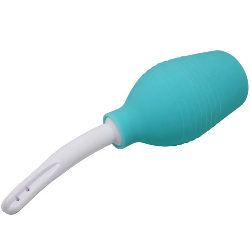 Douche anale silicone bleue, forme ergonomique, embout blanc, hygiénique, imperméable, portable et durable.