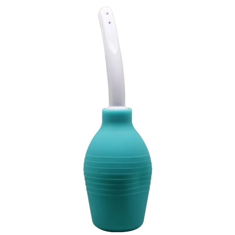 Douche anale silicone bleue, ergonomique et imperméable, avec poire hygiénique pour nettoyage intime confortable.
