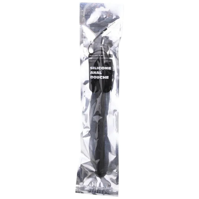 Douche anale silicone noire, flexible, 30 cm, emballée, avec adaptateur universel pour hygiène intime sûre et confortable.
