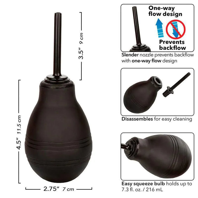 Douche anale noire 216ml, valve unidirectionnelle, buse fine étanche, design ergonomique pour hygiène optimale.