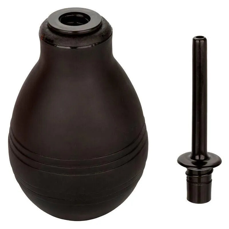 Douche anale noire 216ml avec valve unidirectionnelle, buse fine amovible, design ergonomique et étanche.