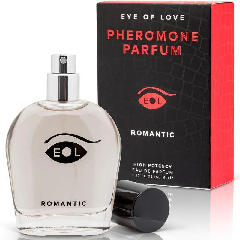 Flacon de cologne masculine aux phéromones, design élégant, notes terreuses et citronnelle, boîte noire et rouge.
