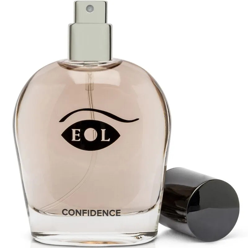 Flacon de cologne phéromone pour homme, transparent, bouchon noir, design moderne, notes musquées, jasmin, miel.