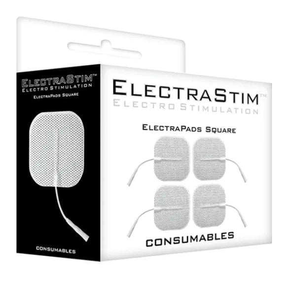 Boîte blanche et noire d'ElectraPads avec quatre électrodes carrées unipolaires pour électrostimulation érotique BDSM.