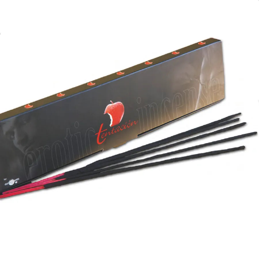 Boîte noire d'encens érotique phéromones cannelle, 20 bâtonnets, design sensuel, parfum envoûtant, ambiance intime.