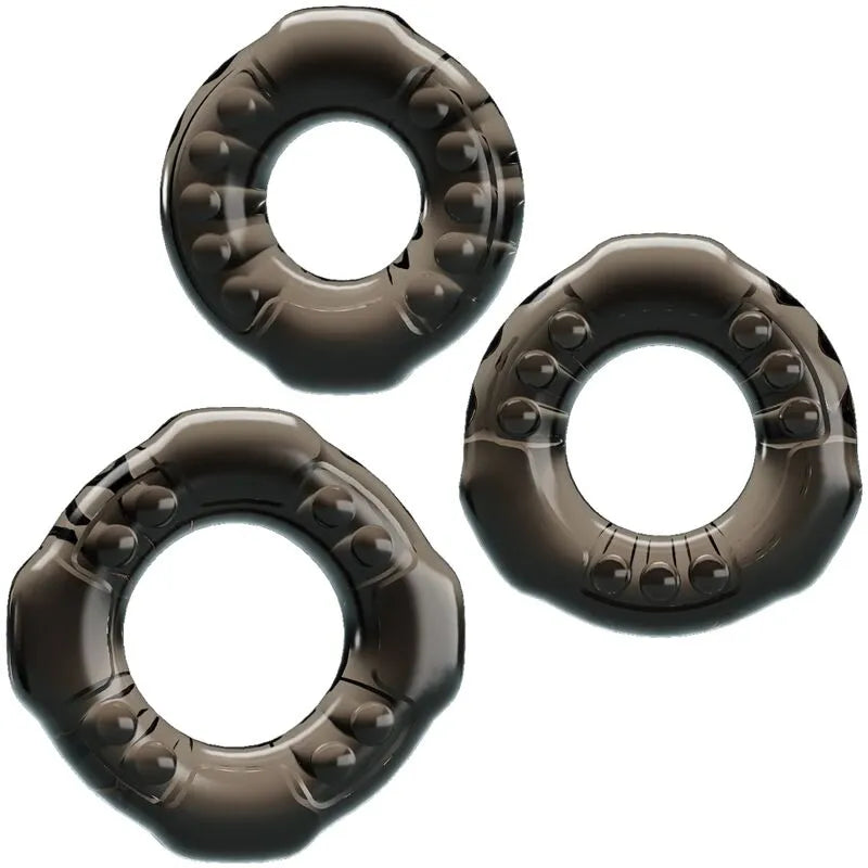 ensemble anneaux péniens noirs extensibles thermoplastique élastique lot trois tailles universel confort durable stimulation érection retardement éjaculation