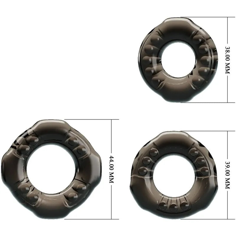 Anneaux péniens noirs extensibles en TPR, trois tailles, design texturé, confort durable, stimulation érection.