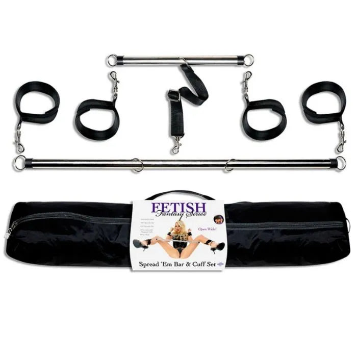 barre écartement ajustable métallique robuste poignets chevilles réglables pivotants néoprène sangle nylon amovible satin masque étui portable sécurisé
