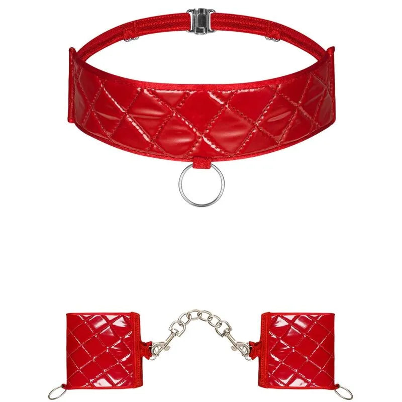 ensemble BDSM rouge profond collier réglable menottes anneaux argentés chaîne amovible douce brillante confortable durable sensuel sophistiqué polyuréthane polyamide élasthanne