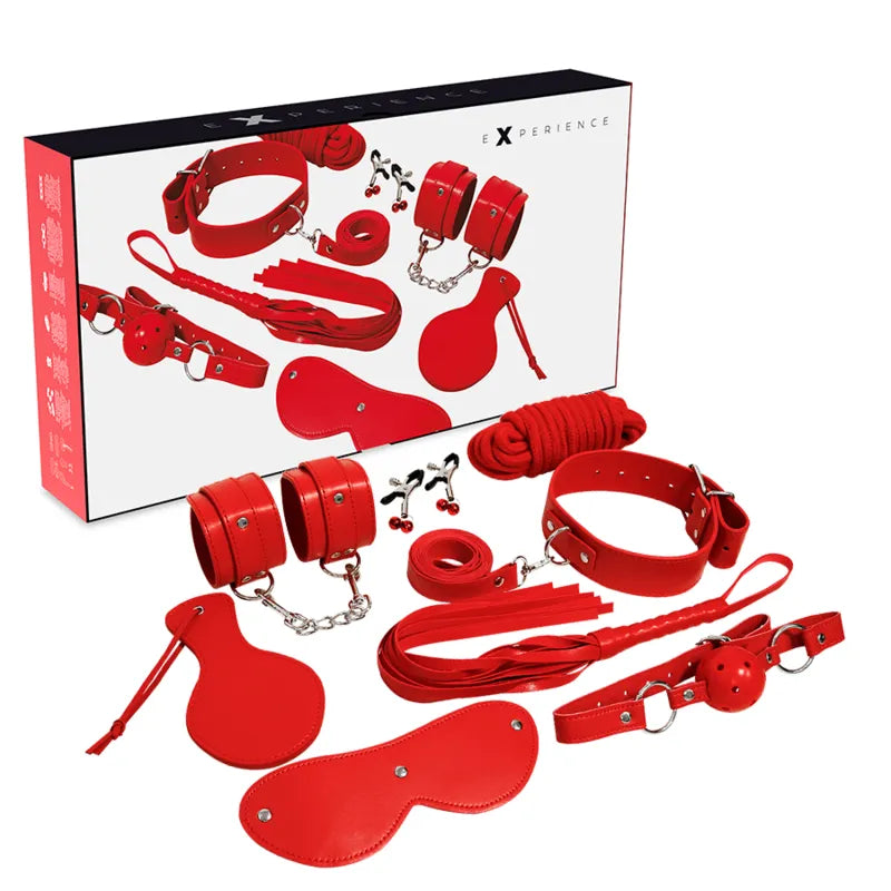 ensemble bondage cuir rouge synthétique débutants avancés sécurité confort ajustable menottes collier laisse bâillon fouet cordes résistantes masque
