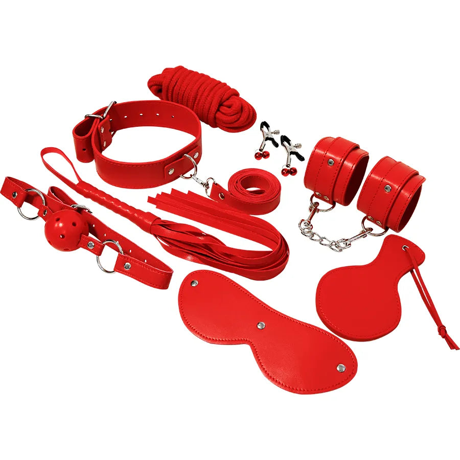 Ensemble bondage cuir rouge synthétique avec menottes, collier, laisse, bâillon, fouet, cordes, masque pour débutants et a...