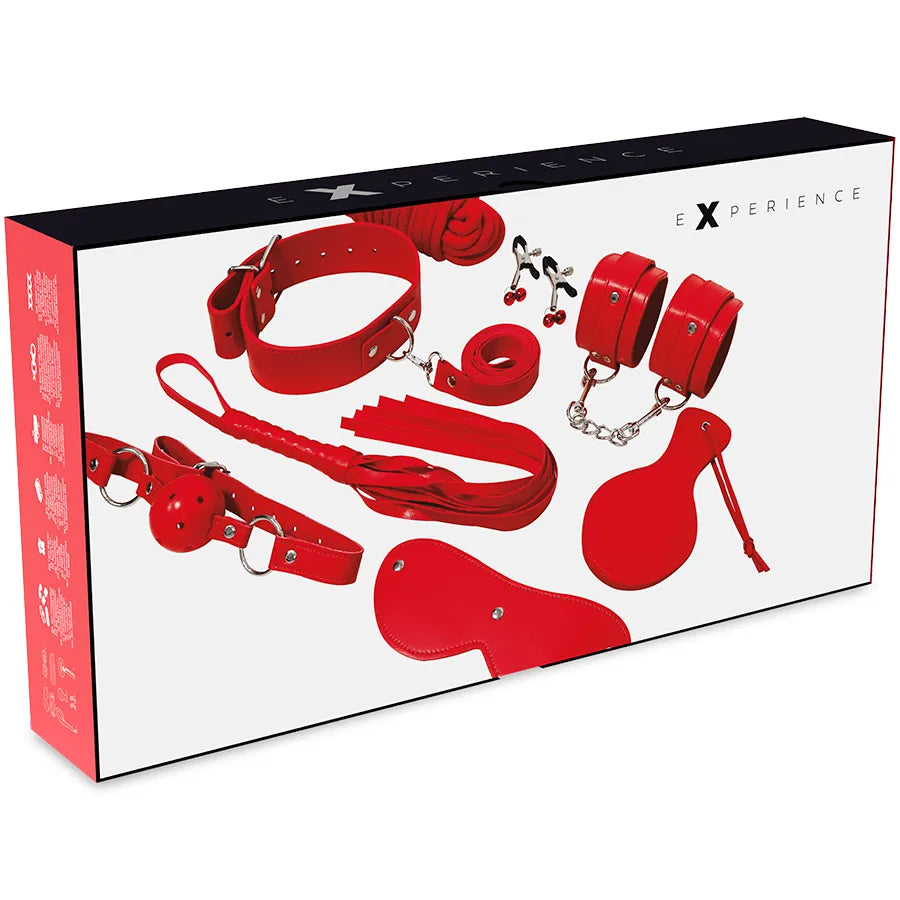 Ensemble bondage rouge en cuir synthétique avec menottes, collier, laisse, bâillon, fouet, cordes et masque pour BDSM.