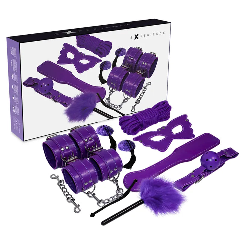 ensemble bondage cuir synthétique lilas complet sécurisé ajustable esthétique menottes poignets chevilles bâillon respirant masque fessée pelle corde plumes sensuelles