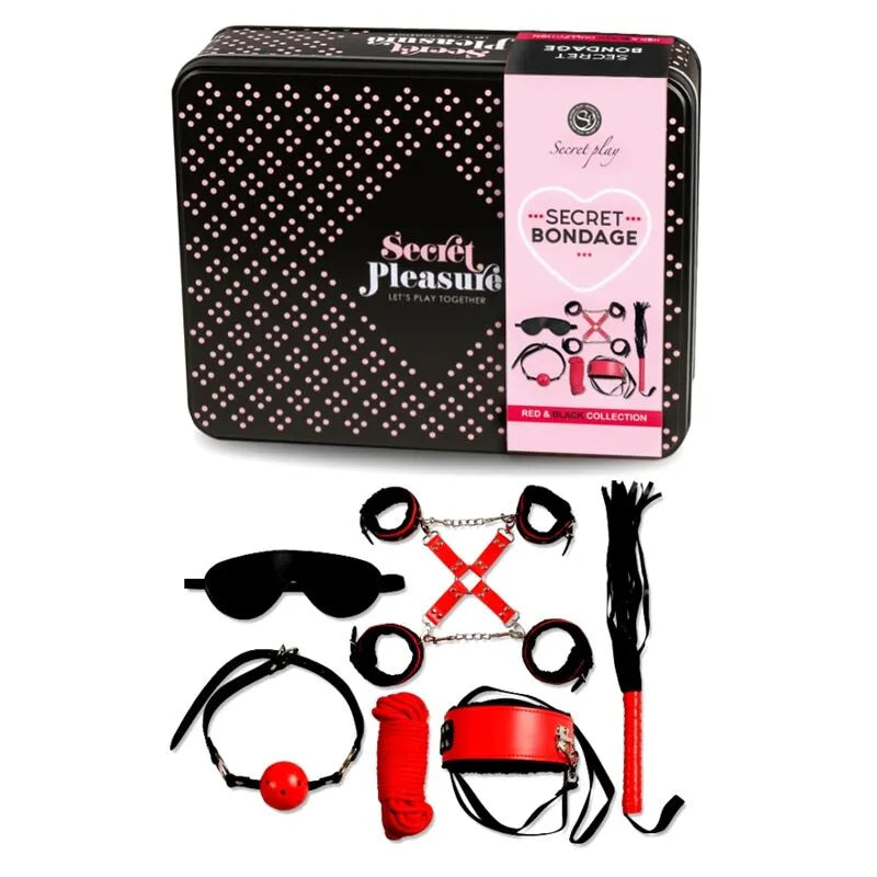 Ensemble bondage noir en cuir synthétique avec menottes, fouet, bâillon, corde rouge et accessoires BDSM pour débutants et...