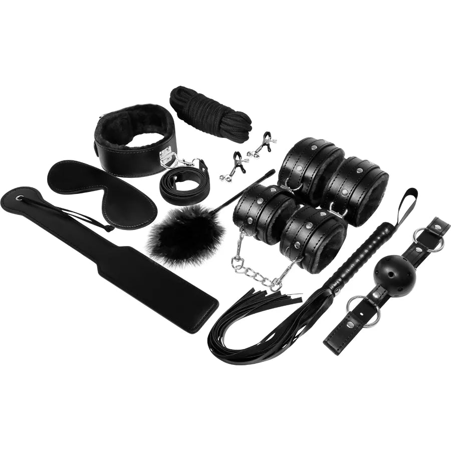 Ensemble bondage noir en cuir synthétique avec menottes, fouet, plume, masque, cordes, pour débutants, sécurisé et confort...