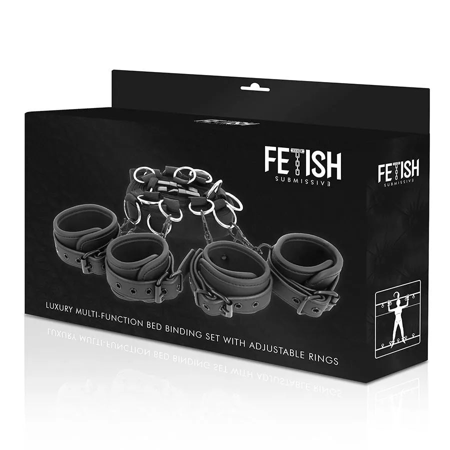 Ensemble bondage lit cuir vegan noir, sangles réglables, métal inoxydable sans nickel, sécurité et confort.