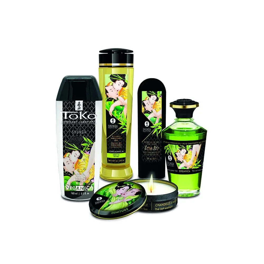 Ensemble cadeau bio Jardin Edo avec huiles de massage, crème lotus noir, lubrifiant, inspiré des jardins japonais.