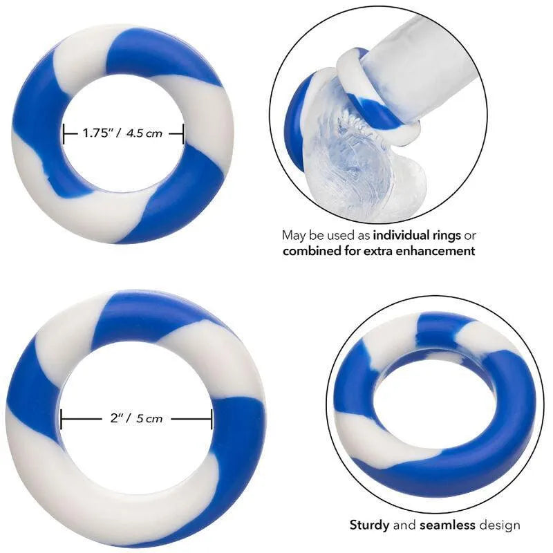Anneaux cockring silicone bleu et blanc, extensibles, sans couture, ergonomiques, pour plaisir prolongé et sécurisé.