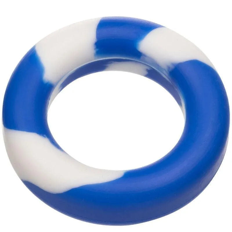 Anneau silicone bleu et blanc extensible, ergonomique, sans couture, pour stimulation et confort intime.