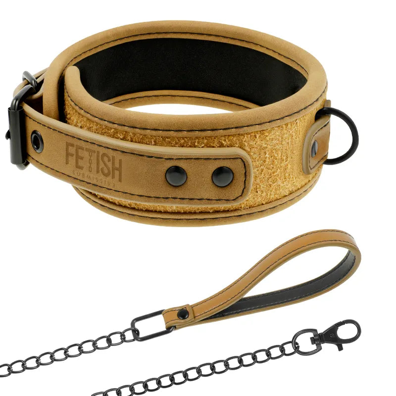 Collier et menottes BDSM cuir vegan beige, métal noir sans nickel, design ajustable et esthétique pour débutants et experts.
