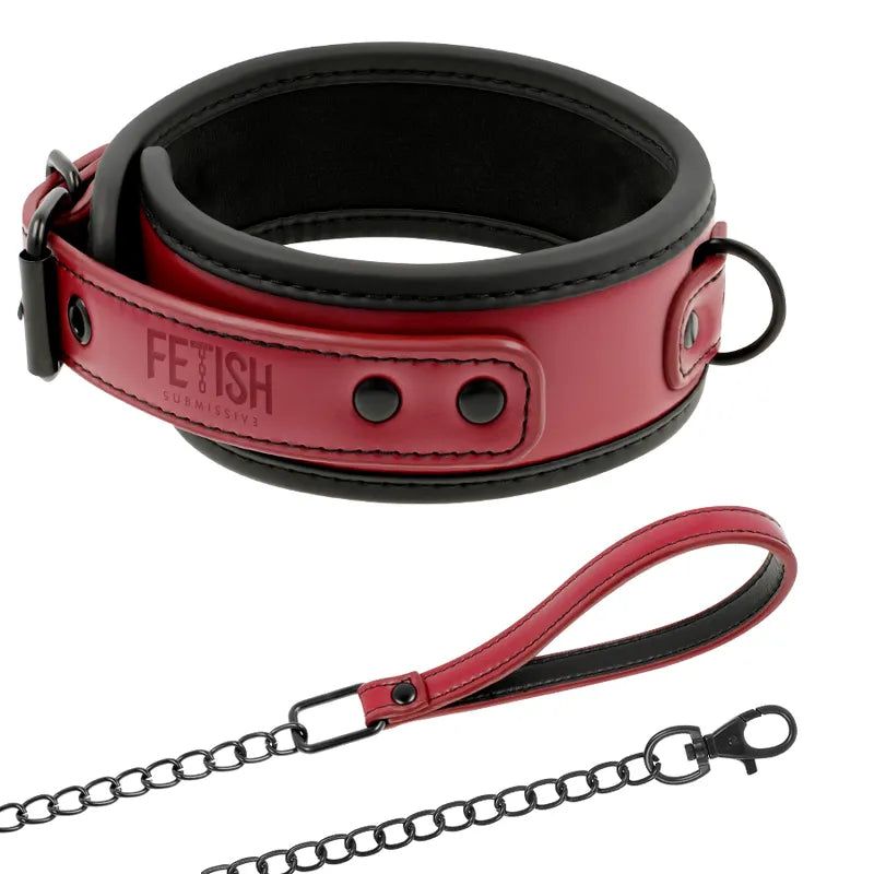 Collier et menottes en cuir vegan rouge et noir avec chaîne en métal sans nickel, ajustable et robuste pour jeux BDSM.
