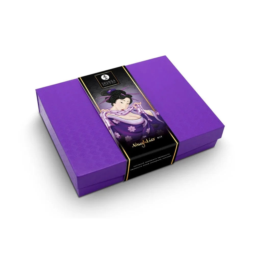 Ensemble coquin pour couples, boîte violette avec illustration, sextoys et accessoires sensuels pour explorer le plaisir.