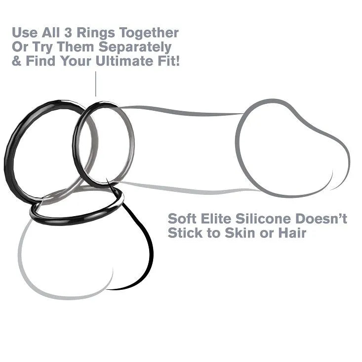 ensemble anneaux pénien silicone débutant trois tailles 32mm 51mm élite sans phtalates confort sécurité ajustement maintien prolongation érections facile nettoyage
