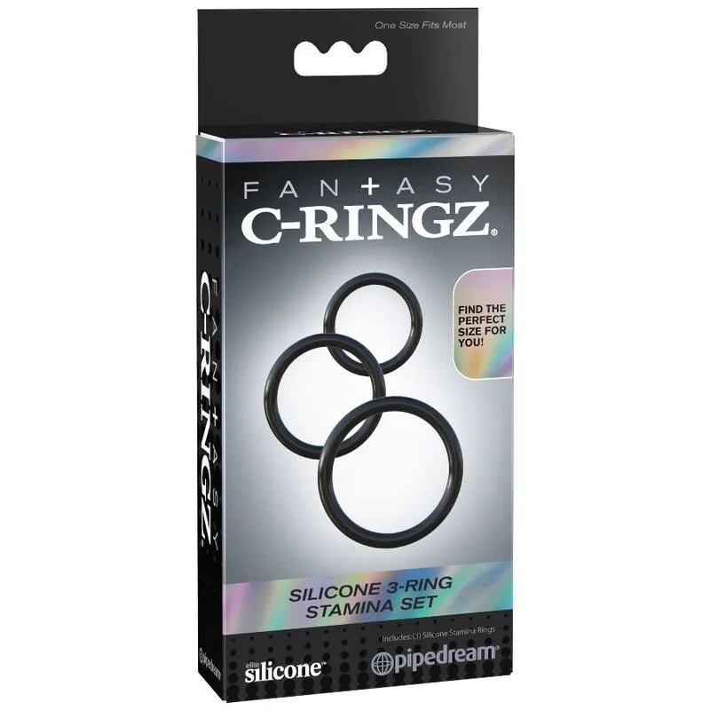 Anneaux pénien silicone noir, trois tailles, dans boîte élégante; confort, sécurité, prolongation érections, débutants.