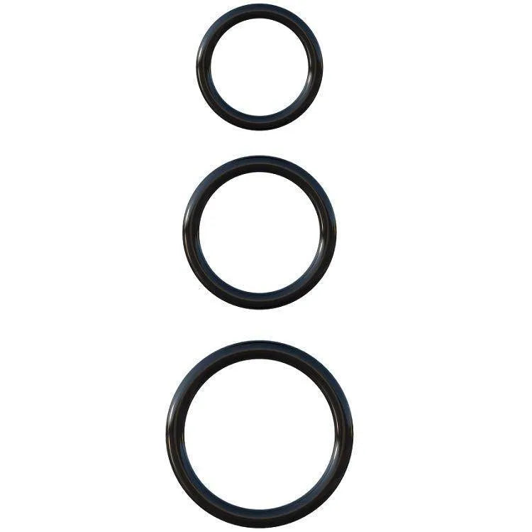 Anneaux pénien silicone noir, trois tailles (32mm, 51mm), confort et sécurité, érections prolongées, facile à nettoyer.