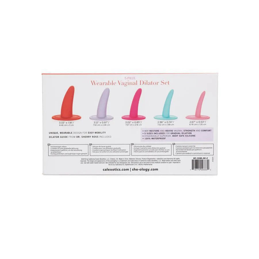 Ensemble de dilatateurs vaginaux en silicone coloré, ergonomiques, tailles progressives, base incurvée, miniballe intégrée.