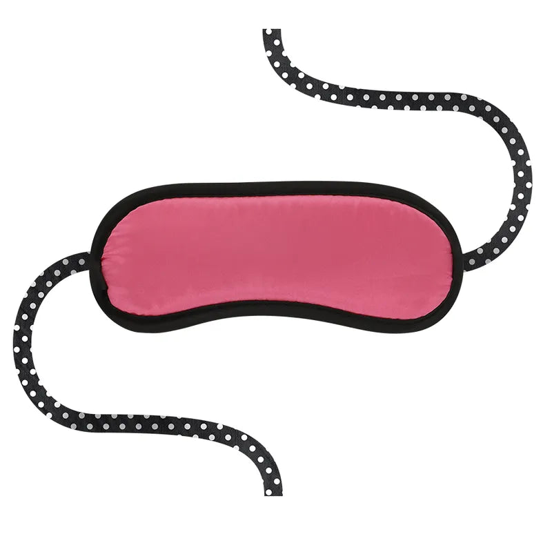Masque rose et noir en satin avec lanières à pois, accessoire de l'ensemble érotique pour couples, élégant et discret.