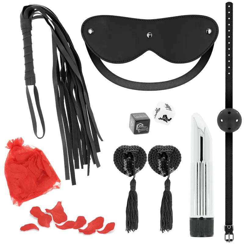 Coffret plaisir couple Ohmama multisensoriel romantique sensuel complice ludique découverte stimulation tactile vibrante fouet masque dés protège mamelons pétales