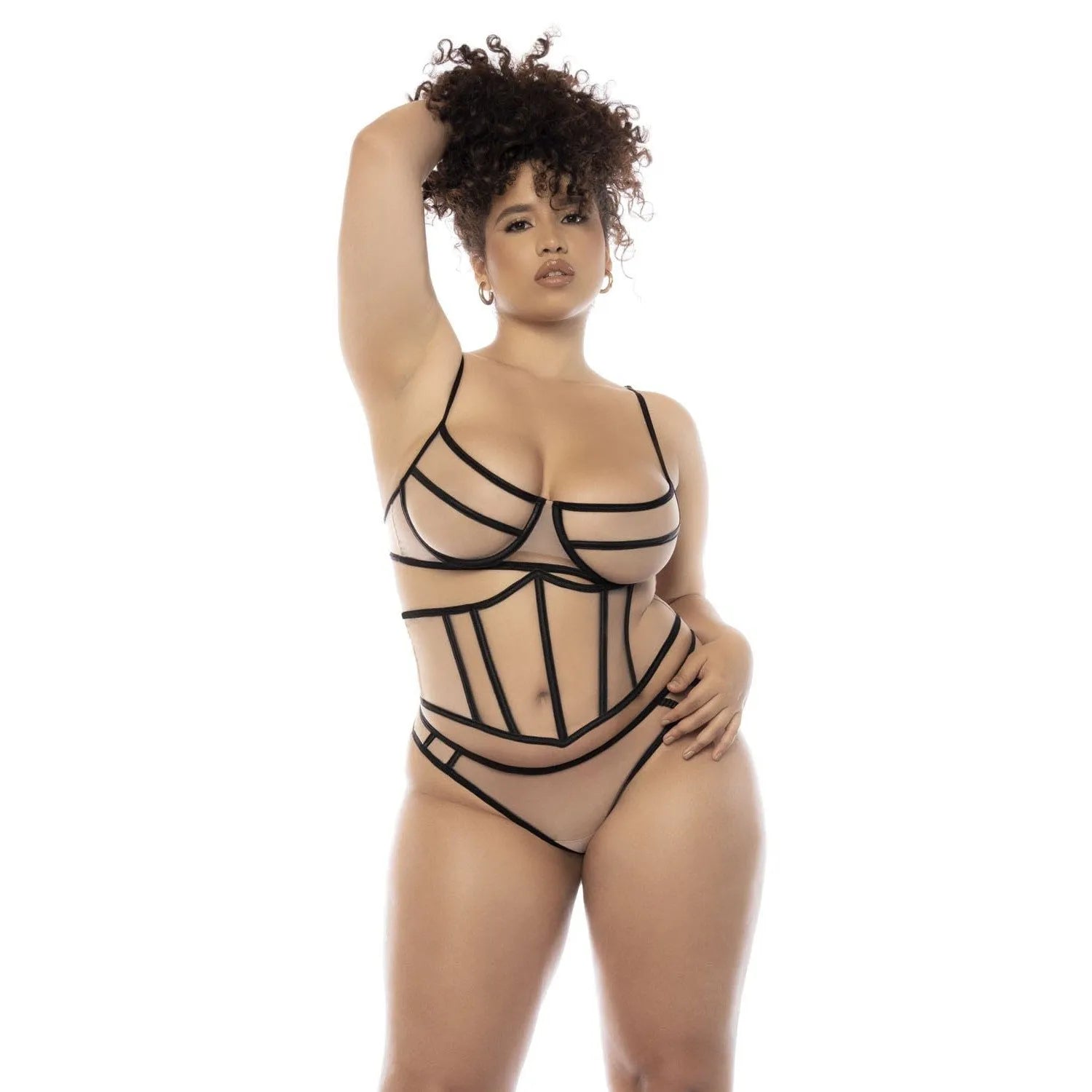 ensemble lingerie grande taille résille sexy trois pièces soutiengorge armatures bretelles réglables serretaille string assorti maintien optimal polyamide confortable séduisant