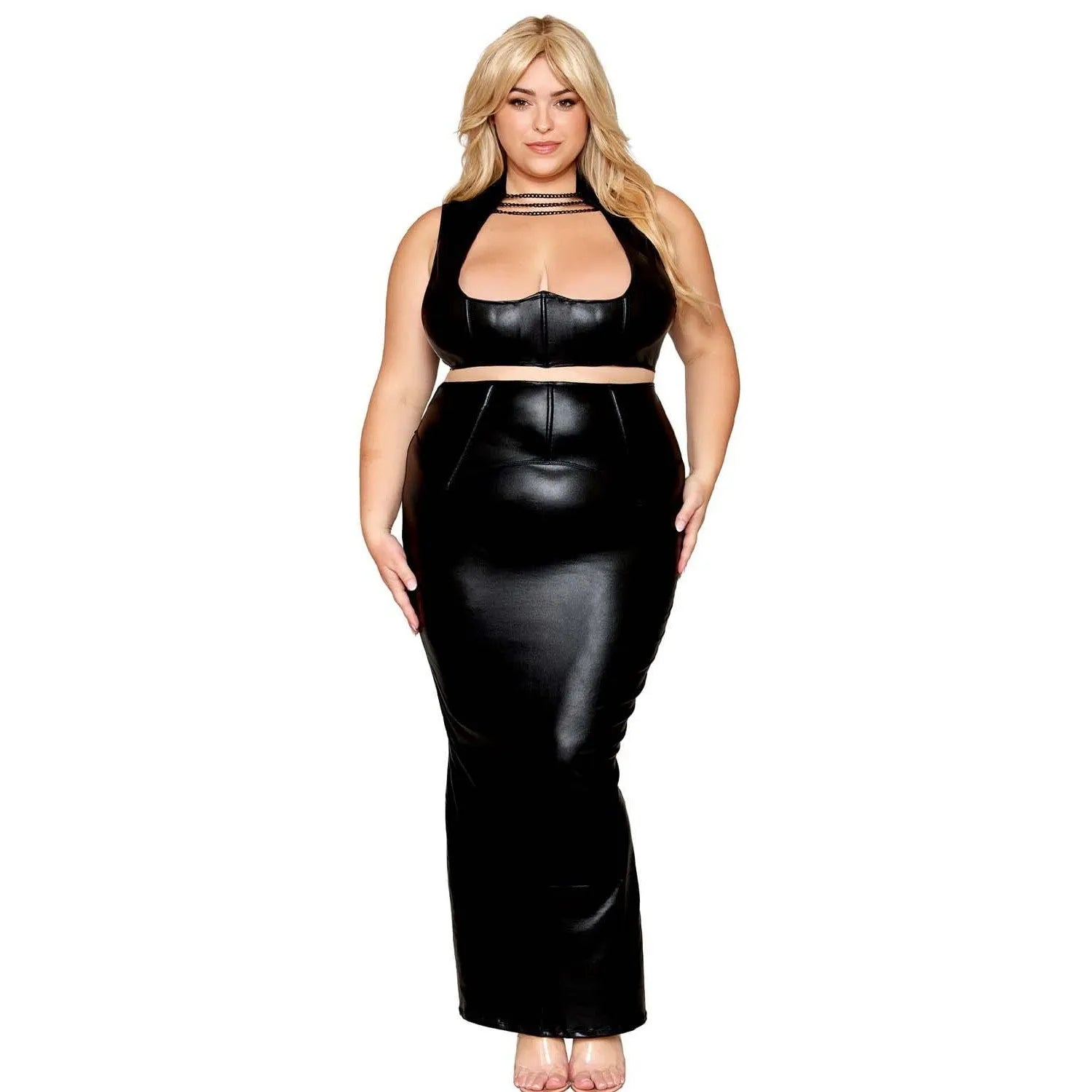 Ensemble lingerie provocateur grande taille simili cuir harnais soutiengorge extensible chaîne noire crochets oeillets jupe longue