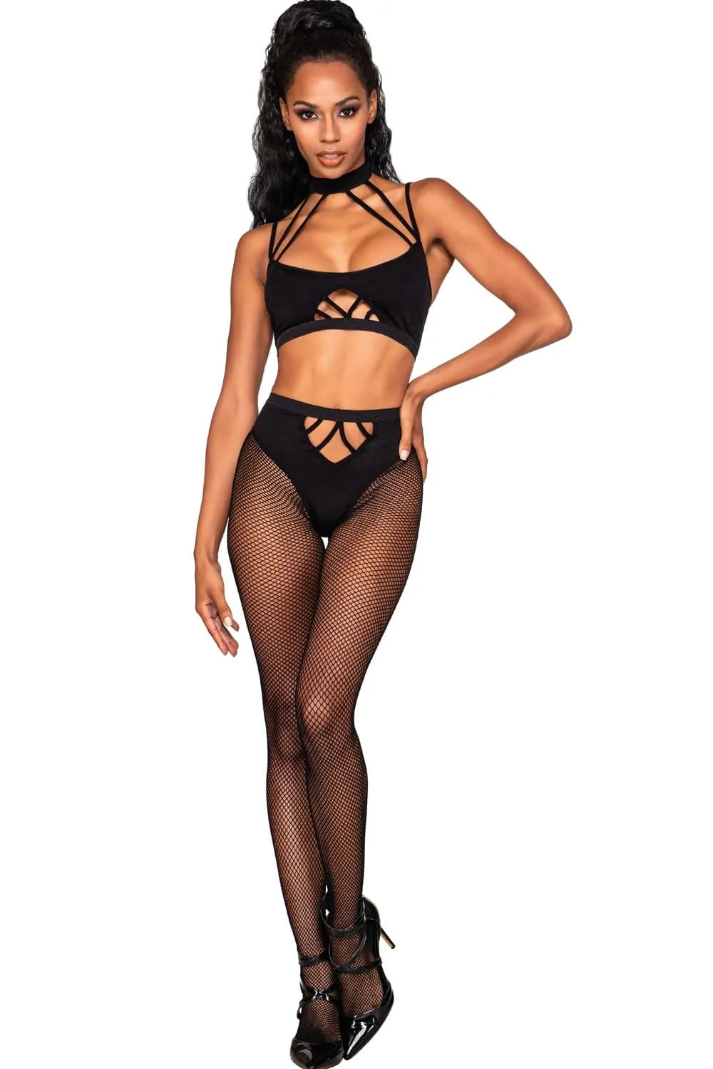 Ensemble nuit femme chic noir, brassière lanières dos nu, collants assortis, nylon élasthanne, Dreamgirl.
