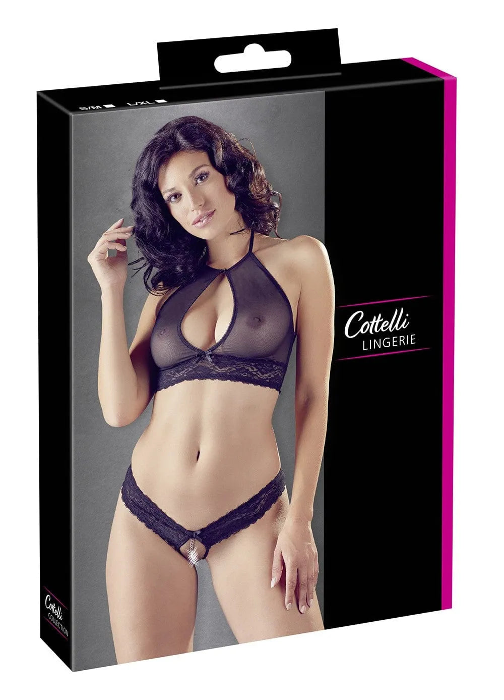 Ensemble lingerie dentelle noire, soutien-gorge bandeau résille, string ouvert, élégant et sexy, polyamide élasthanne.