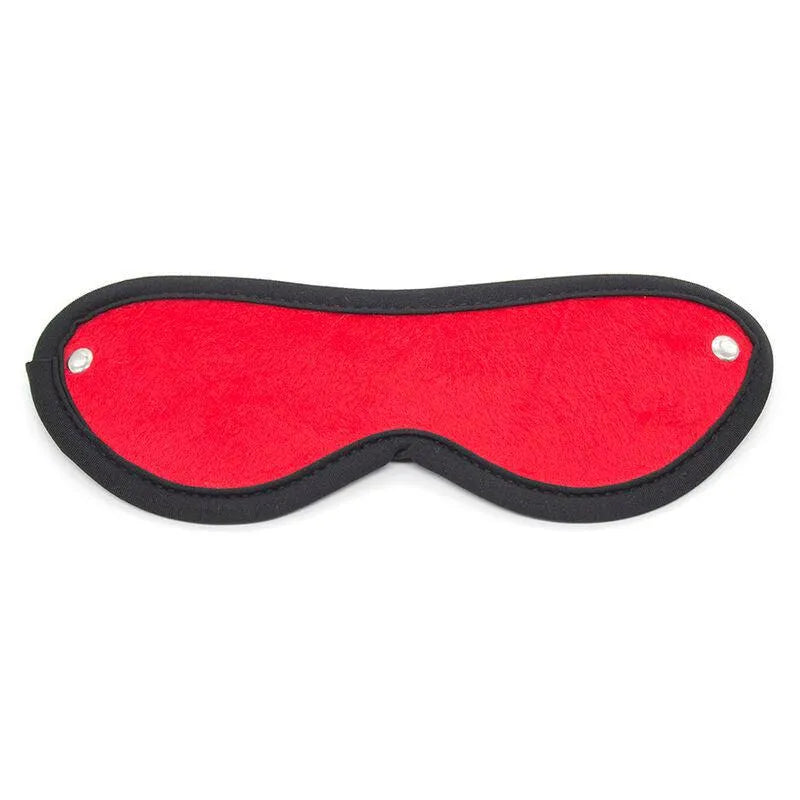 Masque rouge et noir en velours, partie de l'ensemble fétiche Ohmama, accessoire sensuel pour moments intimes.
