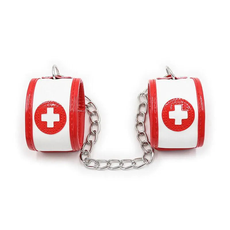 Ensemble fétichiste infirmière PVC noir brillant avec poignets, chevilles et masque ajustables, marque Ohmama.
