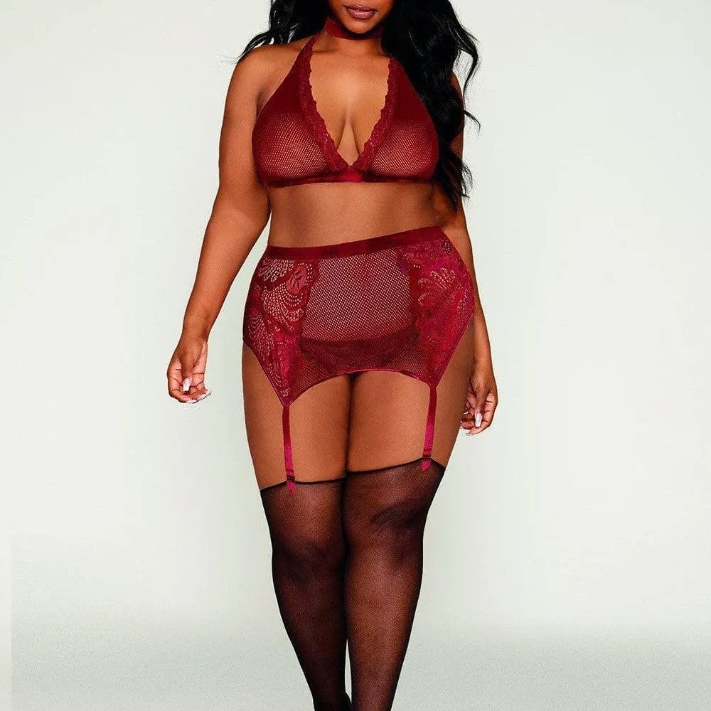 Ensemble lingerie grande taille rouge bordeaux en dentelle et résille, avec soutien-gorge, string, porte-jarretelles et co...
